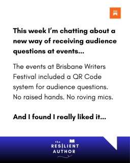 At the most recent writers festival I attended, they used a QR code system for audience questions instead of raised hands and a roving mic - and I had a few thoughts about it! Read more (and a salient reminder about engagement-farming on social media) in my latest Resilient Author post.
 #publishingindustry #publishingnews #latestinpublishing #australianpublishing #australianpublishingindustry #writingadvice