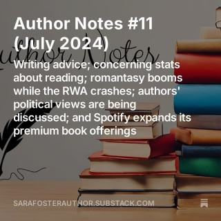 Every month I do an ‘Author Notes’ round-up on Substack of interesting bits and pieces that have caught my eye about writing and the publishing industry. My latest talks about writing advice, concerning stats about reading, romantasy booming while the RWA crashes, authors’ political views being discussed, and books on Spotify. Link is in my bio.
There’s always a round-up of everything I’ve written about lately on Substack too - and links if you’re interested in signing up to receive these direct to your inbox. Happy reading!