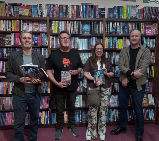 Last night the @lanebookshop set @davidwhishwilson @alancarter28insta and me the challenge of telling a pint-sized murder mystery to the audience and seeing who could solve it. We all went for a locked room tale and we had a fantastic audience of eager sleuths helping us to solve each other’s crimes! David Whish-Wilson had an ingenious reveal, Alan had a brilliant tongue-in-cheek set-up and a clever twist. And I had a story about a billionaire found dead in his bunker - and gave handouts to help keep track of the suspects - ha ha - it comes naturally after so many years of homeschooling! 
It was a really fun night, and a massive thank you to Sam and the team at the Lane for inviting us and for the storytelling challenge!
