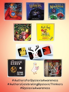 Audiobooks can be amazing for dyslexic kids, helping them enjoy stories without the tiring stressors of reading lots of text. Here are some stories my kids have loved on audio - from texts for younger readers to a few YA series. If you have dyslexia in your family you can still have book clubs and share stories if you use audio, and we’re so lucky nowadays that the popularity of podcasts and audio has meant that most stories are available in this format. 
Do you have audiobooks you’ve loved sharing with your kids? 
Books featured here:
Wings of Fire series by @tuisutherland 
Warrior Cats series by Erin Hunter (a pseudonym for a group of authors) 
Nevermoor series by Jessica Townsend 
Evie and the Animals by @mattzhaig 
The Christmas Pig by J K Rowling 
For older teens:
The Stags series by M A Bennett, The Hunger Games series, and A Good Girl’s Guide to Murder books by @hojay92 
I’m posting for 10 days during October (Dyslexia Awareness month) to raise help awareness about dyslexia. This is post 5 of 10. 
#authorscelebratingdyslexicthinkers 
#authorsfordyslexiaawareness 
#dyslexiaawareness 
#dyslexia